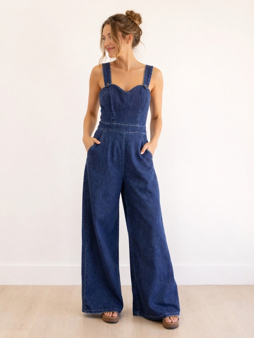 Collectif Denim Wide Leg Overalls | XL (UK 16) Scalloped Bodice Retro Style